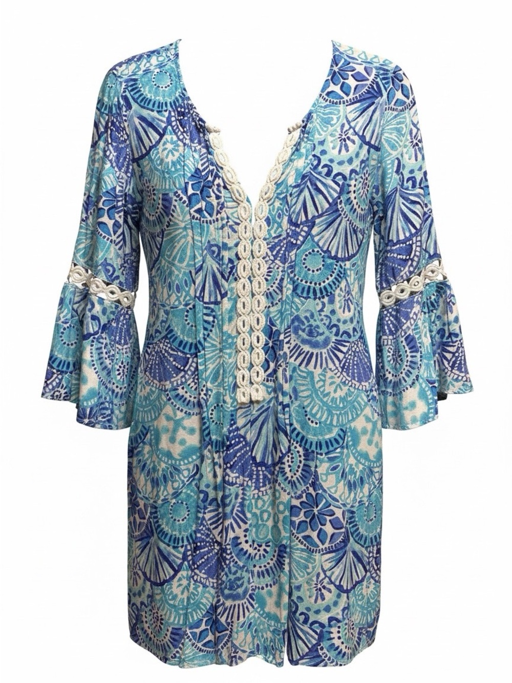 Lilly Pulitzer Blue and Turquoise Printed Mini Dress with Cream Trim